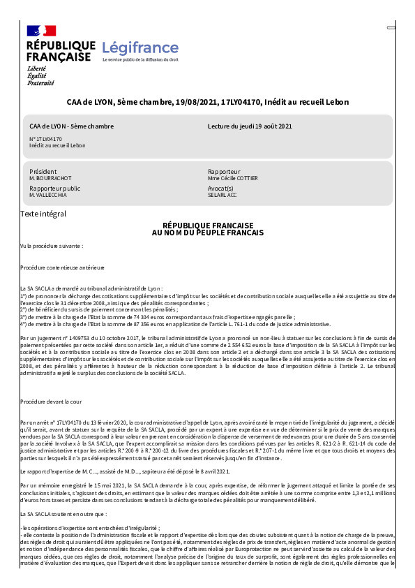 France vs SA SACLA, August 2021, CAA of Lyon, Case No. 17LY04170