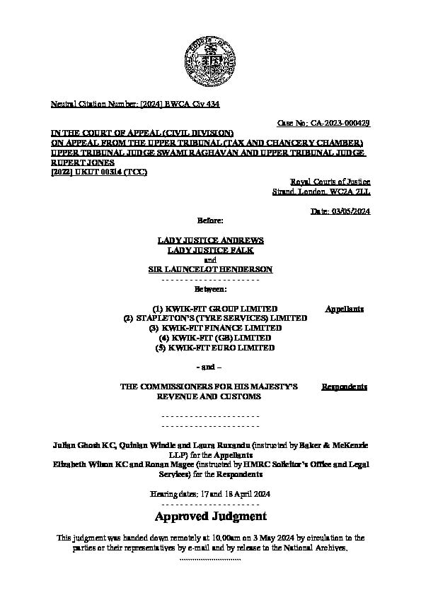 UK vs Kwik-Fit, May 2024, Court of Appeal, Case No [2024] EWCA Civ 434