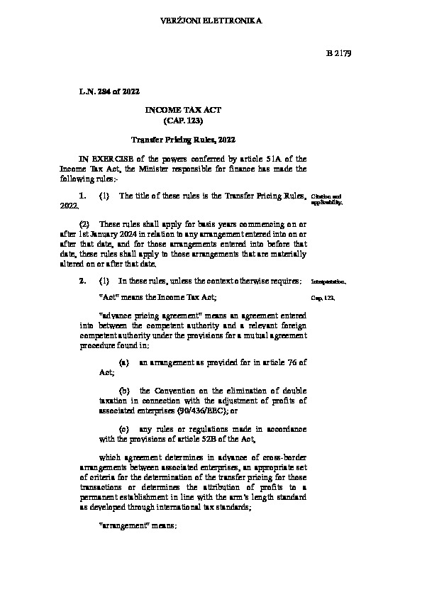 Malta issues Legal Notice 284 of 2022 implementing Transfer Pricing